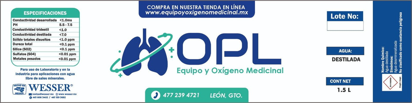 Agua destilada para oxigeno medicinal y CPAP 1.5L paquete con 12 piezas - OPL Equipo y Oxigeno Medicinal