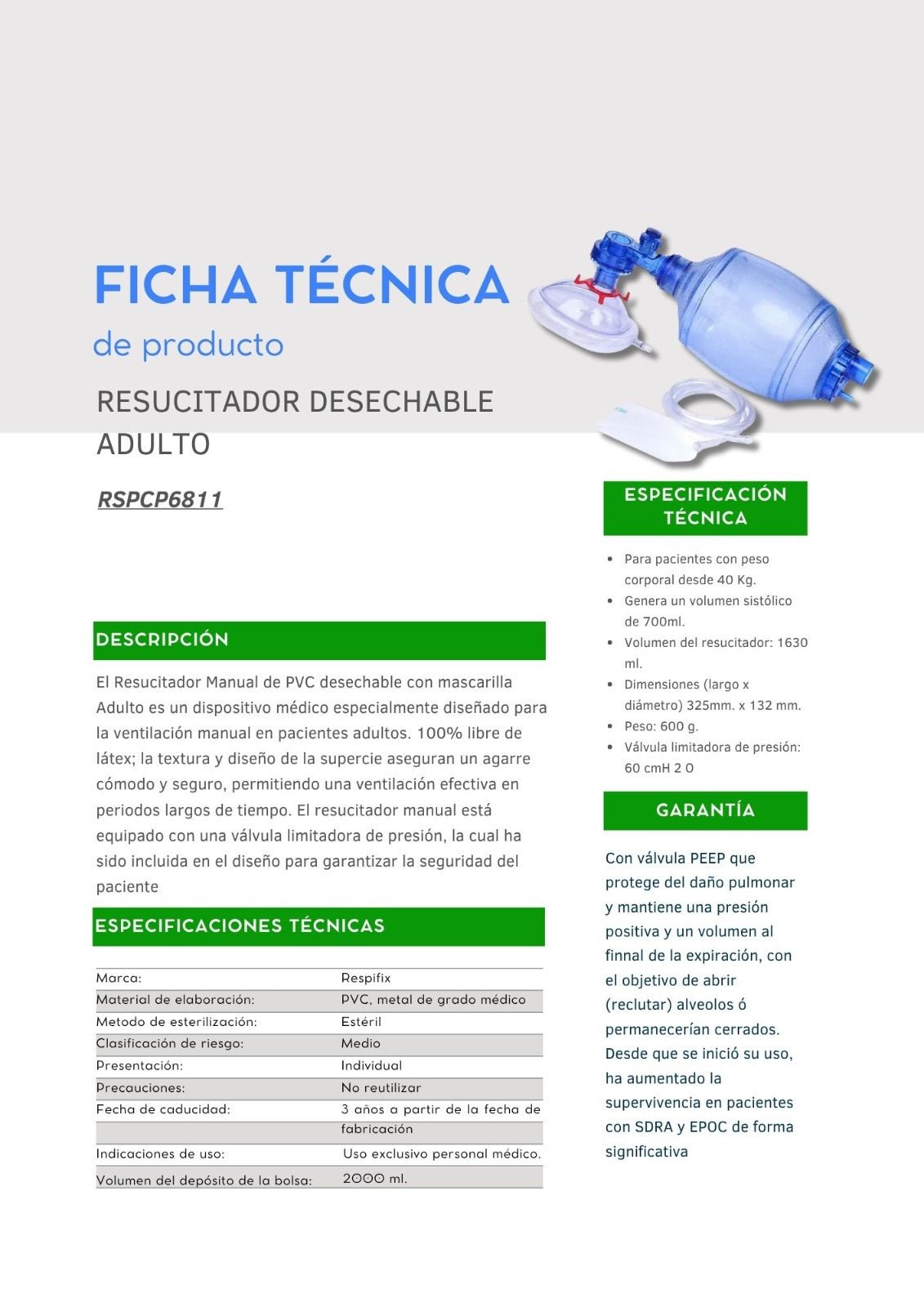 Resucitador desechable Adulto Respifix - OPL Equipo y Oxigeno Medicinal