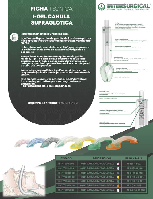 Canula supraglotica i - gel® de un solo uso - OPL Equipo y Oxigeno Medicinal